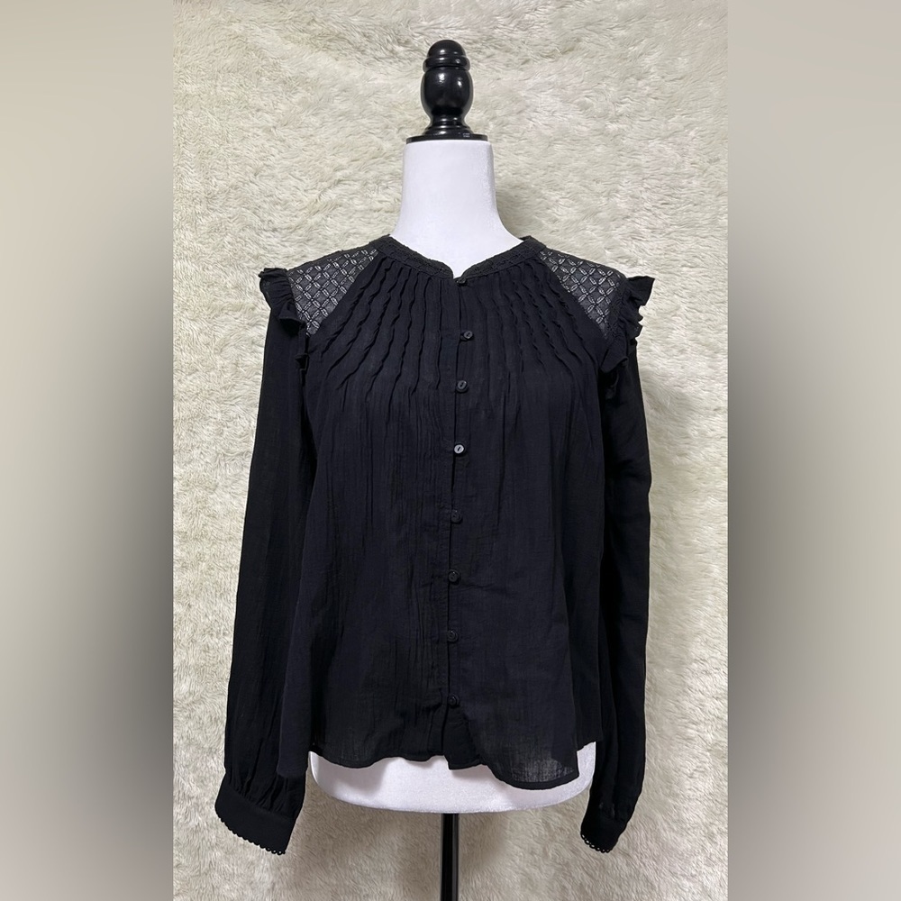 Artlove Paris Lace Shoulder Ruffle Long Sleeve Blouse